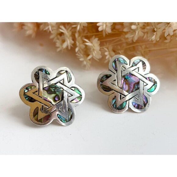Star of David Abalone Floral Alpaca Mexican Sterling Silver Vintage Screw Studs - Picture 8 of 10